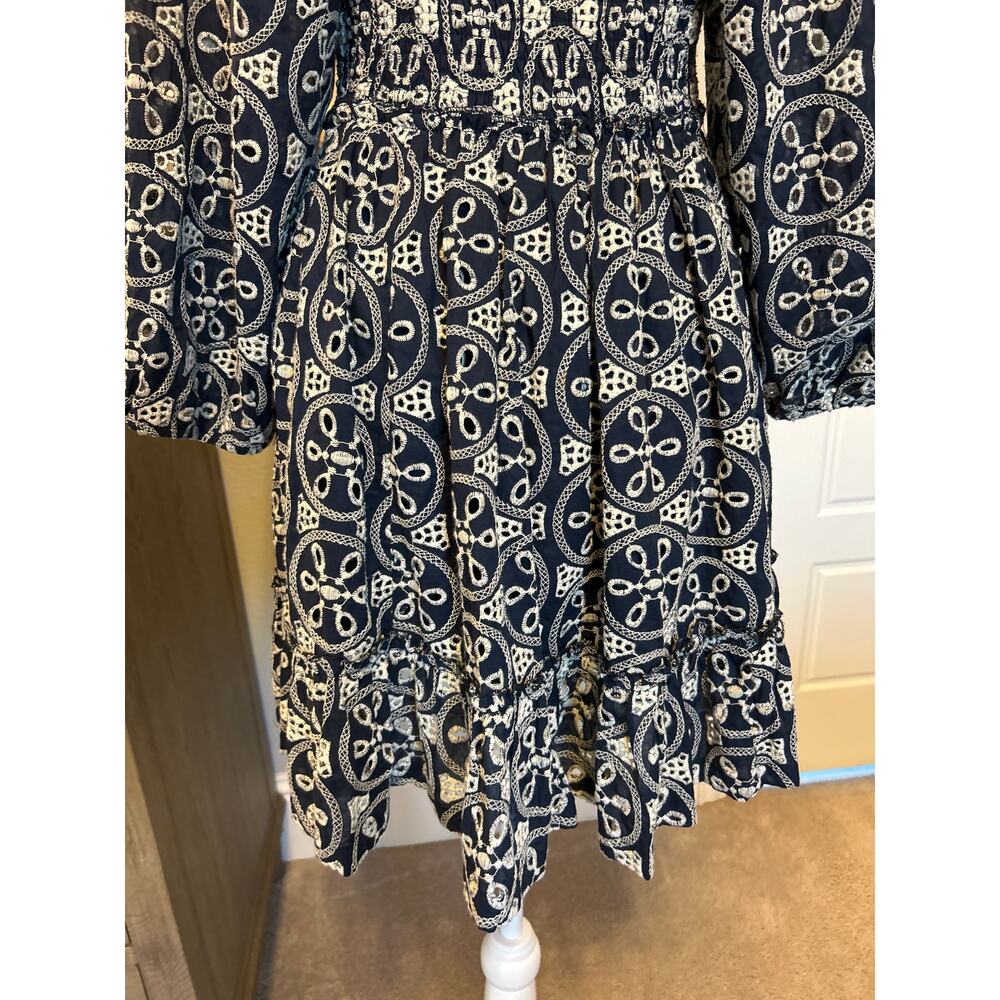Lucca | 100% Cotton Navy/White Eyelit Babydoll Back Cutout Half Sleeve Dress | M - Picture 13 of 15